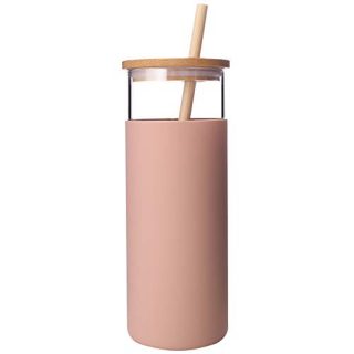 Diller Glass Tumbler with Straw 16oz Glass Water Bottle with Silicone Protective Sleeve Bamboo Lid - BPA Free (Amber)