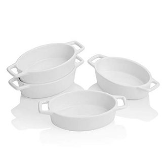 LOVECASA 6.3 inch Porcelain Ramekins, Set of 4 Souffle Dishes, 6 OZ White Oval Ceramic Creme Brulee Baking Ramekin Dishes Bowl with Double Handle, Oven Safe Ramekins Bowls Sauce Dipping Bowls. 5.0 x 3.3 x 1.5 inch