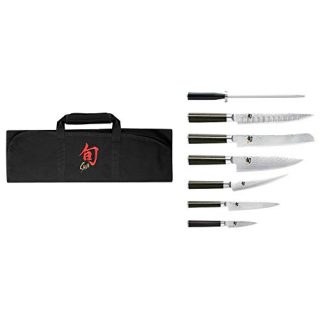Shun Classic 8-Piece Student Set; Perfect Knife Set for the Aspiring Chef: Paring, Utility, Chef’s, Boning/Fillet, Hollow-Ground Slicing and Bread Knives; Honing Steel and Portable Knife Roll Included