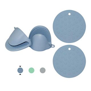 FLASHOMEXL 2 Pcs Mini Oven Gloves 2 Silicone Insulation Pads,4-Piece Set Silicone Heat Resistant Cooking Pinch Mitts Potholder for Kitchen Cooking & Baking (Blue)