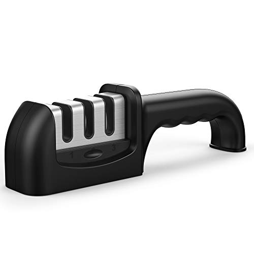 3-Stage Manual Knife Sharpener, Ulwae Portable Kitchen Sharpener to Restore Non-Serrated Home Knife Blades Quickly Safely, Easy to Use Professional Handheld House Sharpener for Knives (Black)