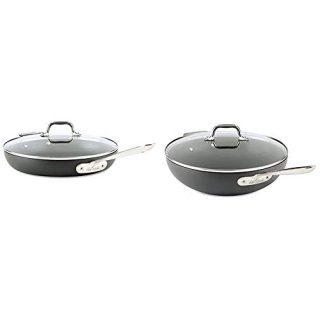 All-Clad HA1 Hard Anodized Nonstick Frying Pan with Lid, 12 Inch Pan Cookware, Medium Grey & E7859464 HA1 Hard Anodized Nonstick Dishwasher Safe PFOA Free Chefs Pan / Wok Cookware, 12-Inch, Black