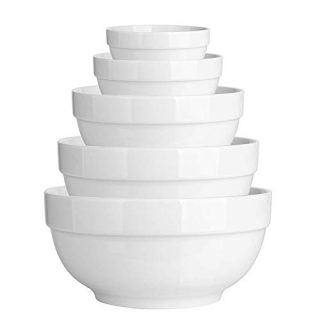 DeeCoo 5 Pcs Ceramic Mixing Serving Bowls Set, White Serving Bowls, Serving Dishes, Large Mixing Bowls, Microwave Safe, Ideal for Cereals, Dessert, Soup, Ice Cream