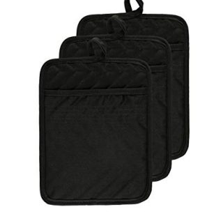 VEIKERY Oven Pot Holder with Pocket 100% Cotton Heat Resistant Coaster Potholder Kitchen Hot Pad Oven Mitts for Cooking and Baking Square 7"x9" (Black, 3)