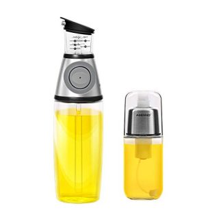 AMINNO Oil Sprayer and Oil Dispenser Press Measure - Pump Style Mister for Cooking Glass Oil Spray Bottle set of 2, Save Oil Healthy,Drip Free Oil Pourer