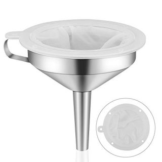 5-inch food-grade stainless steel funnel with detachable 200-mesh nylon filter strainer, side handle, and wide mouth.