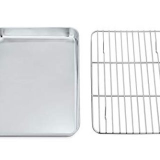 Toaster Oven Tray and Rack Set,P&P CHEF Stainless Steel Broiler Baking Pan with Cooling Rack, Rectangle 10.5''x8''x1'', Non Toxic & Dishwasher Safe