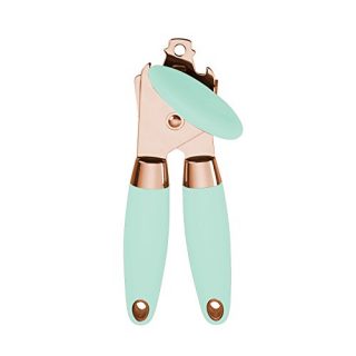 COOK with COLOR Deluxe Manual Rose Gold Quality Stainless Steel Can Opener With Durable Mint Green Anti Slip Handles and Large Knob with Built In Bottle Cap Opener