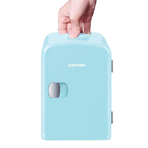 Chefman Mini Portable Blue Personal Fridge Cools Or Heats & Provides Compact Storage For Skincare, Snacks, Or 6 12oz Cans W/A Lightweight 4-liter Capacity To Take On The Go