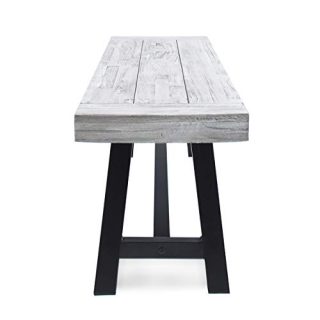 Cytheria Indoor Farmhouse Light Grey Sandblast Finish Acacia Wood Dining Bench with Black Rustic Metal Finish Frame