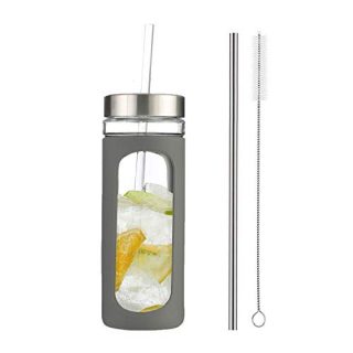 Glass Tumbler with Straw and Lid 20oz Glass Smoothie Cup with Silicone Protective Sleeve PBA FREE (Grey with Reusable Metal Straw)