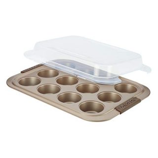 Anolon Bronze Nonstick 12-Cup Muffin Tin With Silicone Grips and Lid / Nonstick 12-Cup Cupcake Tin With Silicone Grips and Lid - 12 Cup, Brown