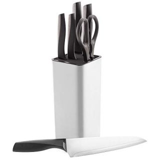 Gorilla Grip Original Premium Knife Block 7 Piece Set, Stainless Steel Blades, Includes Durable Kitchen Knives, Scissors and Stylish Block, Cutlery for Home Chef and Professional Cutting Needs, Silver