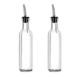 Gusnilo Olive Oil Dispenser, Oil Vinegar Cruet, Square Tall Glass Bottle W/Stainless Steel Pourer Spout SET OF 2 -8 Oz(Ounce)