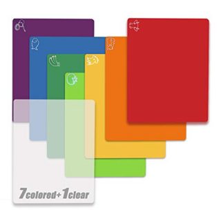 Cutting Board Mats Flexible Plastic Colored Mats With Food Icons, Fotouzy BPA-Free, Non-Porous, Anti-skid back and Dishwasher Safe, Set of 7+1