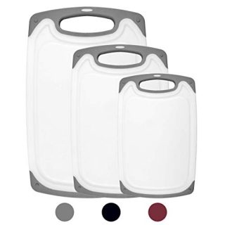 HOMWE Kitchen Cutting Board (3-Piece Set) - Juice Grooves with Easy-Grip Handles - BPA-Free, Non-Porous, Dishwasher Safe - Multiple Sizes (Gray)