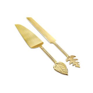 Folkulture Wedding Cake Knife and Server Set, Stainless Steel Cake Cutting Set or Pie Patry Serving Set, Large 2-piece Dessert Set, Gold Leaf