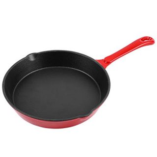 Enameled Cast Iron Skillet Chef's Classic 10 Inch Round Fry Pan for Kitchen, Camping Indoor and Outdoor Cooking, Frying, Searing and Baking (Cherry Red)