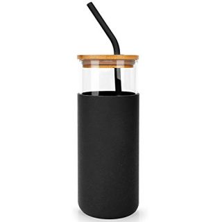 Glass Tumbler with Bamboo Lid, Silicone Sleeve & Straw 19oz (Black)