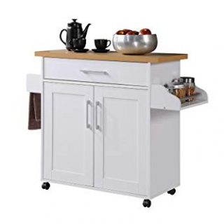 Hodedah Kitchen Island with Spice Rack, Towel Rack & Drawer, White with Beech Top
