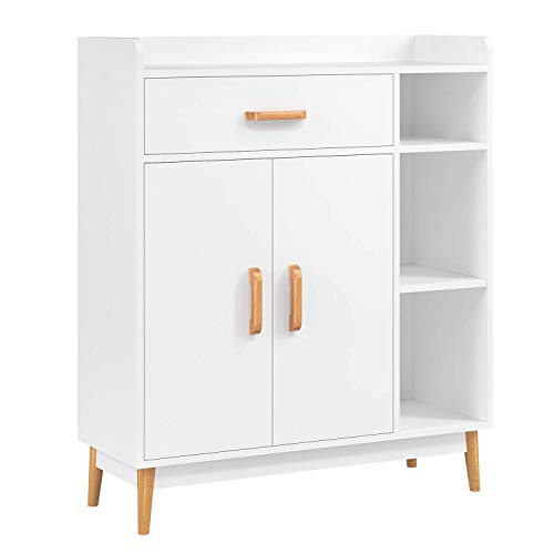 HOMFA Sideboard Storage Cabinet, Free Standing Cupboard Chest Room Display Unit Entryway Cabinet 1 Drawer 2 Doors 3 Shelves with Legs Decor Dining Furniture for Home, White