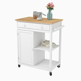 Mecor Kitchen Rolling Island Cart w/Wood Top, Utility Trolley on Wheels with Storage Drawer, Shelves and Cabinet, White