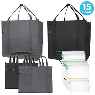 Reusable Folding Grocery and Produce Bags: 6 Large Fabric Totes with Handles and Inner Pocket and 9 Eco Friendly Breathable Mesh Produce Bags - Foldable Cloth Shopping Tote and Mesh Bag Set - 15 Pack