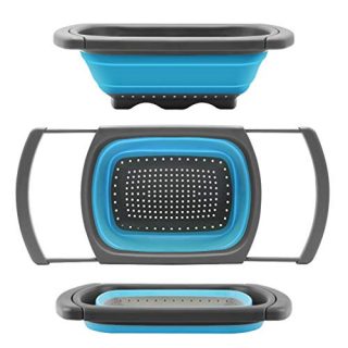 Qimh Colander Collapsible, Colander Strainer Over the Sink Food Colanders Strainers with Extendable Handles, 6-Quart, Dishwasher-Safe Kitchen Folding Strainer for Pasta, Veggies and Fruits