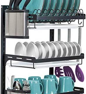 Sorbus Dish Drying Rack, 3-Tier Hanging Wall Mount Drying Organizer Storage Shelf Drainer for Dishes, Bowls, Utensils, Mugs, Includes Drain Trays and 3 Hooks for Kitchen Sink, Metal (Black)