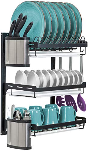 Sorbus Dish Drying Rack, 3-Tier Hanging Wall Mount Drying Organizer Storage Shelf Drainer for Dishes, Bowls, Utensils, Mugs, Includes Drain Trays and 3 Hooks for Kitchen Sink, Metal (Black)