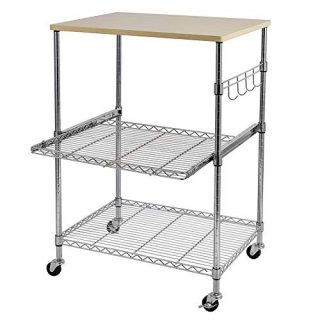 Fuara 3-Tier Wire Rolling Kitchen Cart, Food Service Cart, Microwave Stand, Oak Cutting Board and Chrome