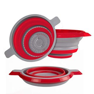 Kitchen Maestro Collapsible Colander and Strainer, Set of 2 Red Collanders for Pasta, Fruits, Vegetables and More - BPA Free and Dishwasher Safe