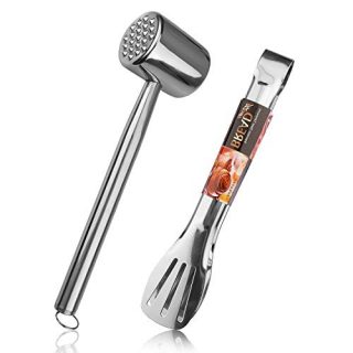 Meat Tenderizer Mallet Tool for Kitchen & BBQ, 304 Stainless Steel Meat Pounder Hammer Mallet for Tenderizing Steak, Chicken, Pork with Kitchen Tongs