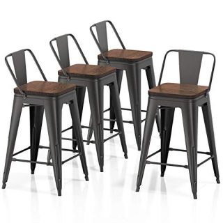 VIPEK 24" Metal Counter Height Bar Stools with Backrest Set of 4 Low Back with Wooden Seat 24 Inch Seat Height Barstool for Home Kitchen Dining Bar Chairs Patio Bar Stool, Matte Black