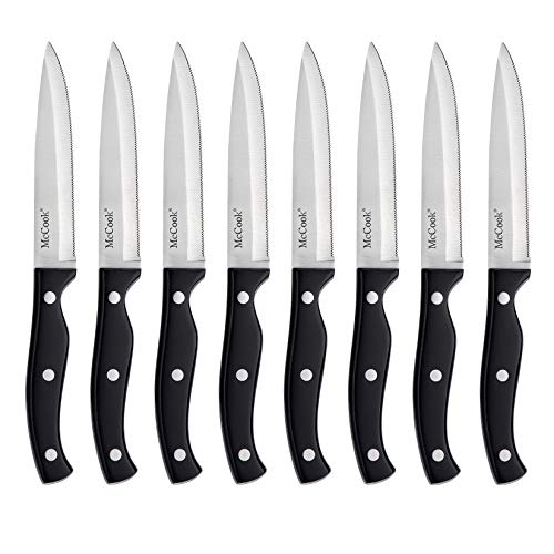 McCook MC55 Steak Knives - 8 Pieces Full Tang Serrated Stainless Steel Steak Knife Set, Black