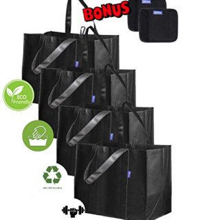 Reusable Shopping Bags Reinforced Bottom – Set of 6pcs (Black) – 4 Washable Large Reusable Bags for Shopping (Hold 55 lbs) + 2 Neoprene Bag Handle Wraps, Grocery Tote Bags with Reinforced Handle
