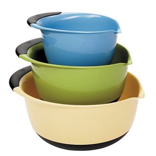 OXO Good Grips 3-piece Mixing Set, White Bowls Brown Handles, Blue/Green/Yellow
