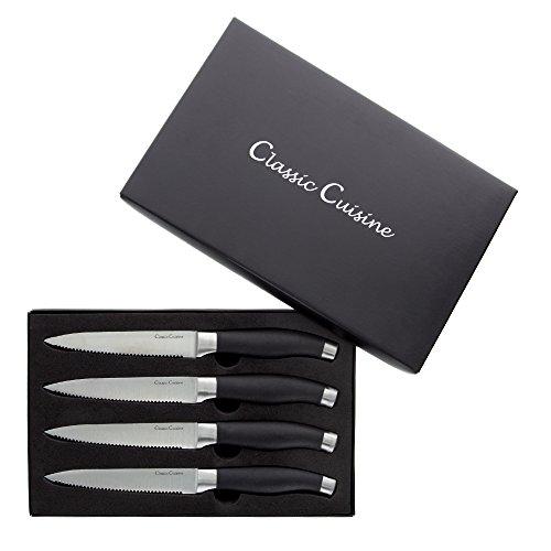 Professional Quality 4 Piece Stainless Steel Steak Knife Set 5 inch Hand Forged Serrated Edged Knives for Home or Restaurant by Classic Cuisine