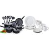 Cook N Home 15-Piece Nonstick Stay Cool Handle Cookware Set, Black & AmazonBasics 16-Piece Kitchen Dinnerware Set, Plates, Bowls, Mugs, Service for 4, White