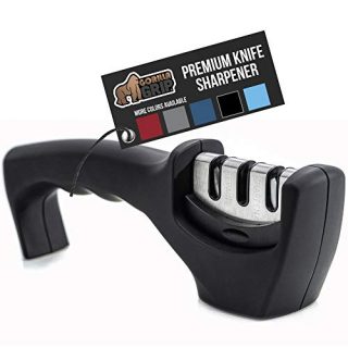 Gorilla Grip Original Premium Knife Sharpener, Professional Kitchen Chef 3 Slot Design, Easy Sharpening, Slip Resistant Grip, Safely Sharpen Knives, Restore Dull Knife for A Sharp Edge, Jet Black