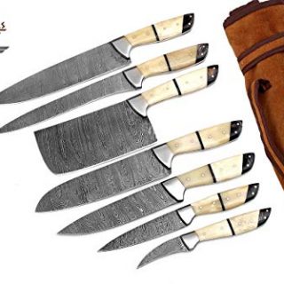 G26- Professional Kitchen Knives Custom Made Damascus Steel 7 pcs of Professional Utility Chef Kitchen Knife Set with Chopper/Cleaver White & Black GladiatorsGuild
