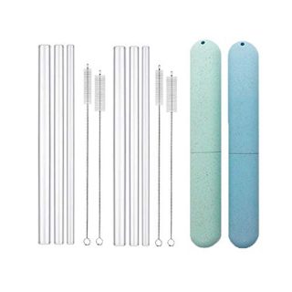 Reusable Glass Drinking Straws, Healthy Boba Smoothie Straws, ECO Friendly - BPA Free, 8.7" x 14mm / 10mm / 6mm, 6 Pack with Cleaning Brush for On The Go