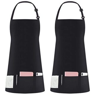 Syntus 2 Pack 3 Pockets Adjustable Bib Apron Thicker Version Waterproof with Extra Long Ties Cooking Kitchen Aprons for BBQ Drawing, Women Men,Chef, Black
