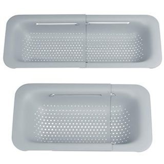 Over the Sink Colander Strainer Basket, STRAWBLEAG Wash Vegetables and Fruits Food Grade Extendable New Home Kitchen Essentials Drain Cooked Pasta and Dry Dishes Adjustable for the Kitchen Gray