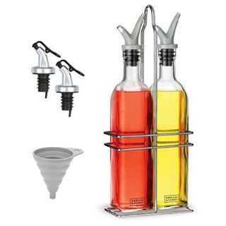 DWËLLZA KITCHEN Oil and Vinegar Dispenser Set - Olive Oil Dispenser Bottles for Kitchen - with Two Extra Drip Free Spouts and Funnel - 17 Oz 500 ML Glass Bottle Containers with Stainless Steel Rack