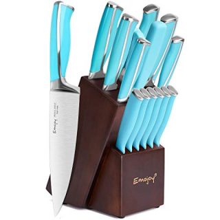 Emojoy Knife Set, 15-Piece Kitchen Knife Set with Wooden Block, Blue Handle for Chef Knife Set, German Stainless Steel Perfect Cutlery Set