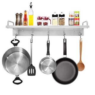 Stainless Steel Spices Rack Wall Mount, Audmore Pot Rack Wall Mounted with Shelf for seasoning condiment,Multifunctional Kitchen Storage Rack for Kitchen Pantry Bathroom,Brushed Silver