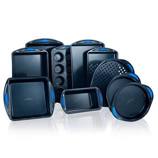 10-Piece Kitchen Oven Baking Pans - Deluxe Carbon Steel Bakeware Set with Stylish Non-stick Blue Coating Inside and Out, With Blue Silicone Handles Dishwasher Safe & PFOA, PFOS, PTFE Free (NCBK10S)