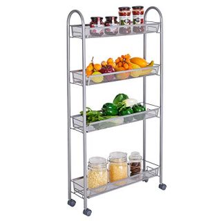 KASPURO 4 Tier Mesh Wire Rolling Cart, Kitchen Storage Cart with Lockable Wheels, Steel Wire Basket Shelving Trolley, Easy Moving