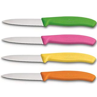 Victorinox Swiss Stainless Steel Paring Knife 3.25 Inch Serrated Blade, Spear Pointy (Set of 4) Green, Orange, Pink and Yellow Utility Knife Set